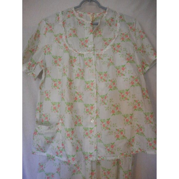 Vintage Womans Floral PJ Pajama Set Lounge pants Smock Top Pink Green white - Picture 2 of 7